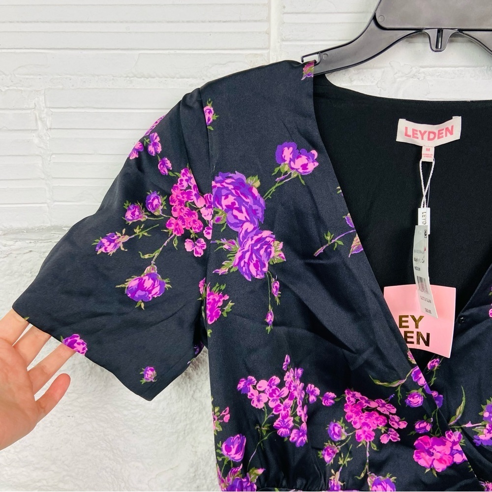 NWT LEYDEN black & purple silky satin floral mini dress size medium - Picture 13 of 17